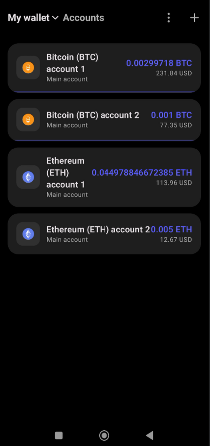 CoinSafeBox app main screen showing your portfolio balance and assets